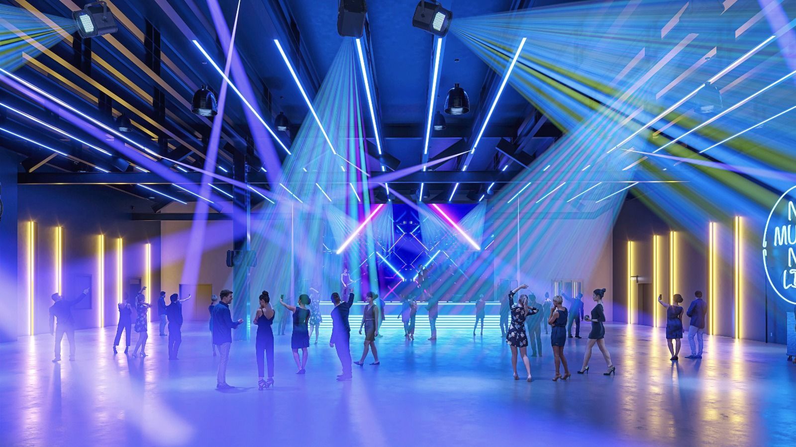 A group of people are dancing in a large room with lots of lights.