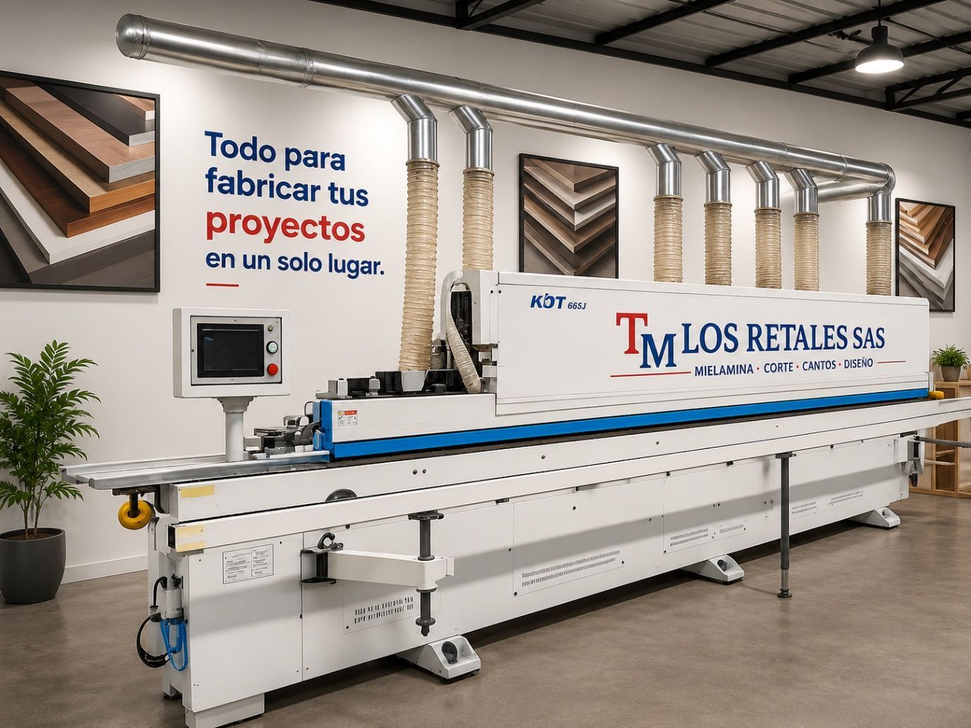 Gran máquina CNC industrial en un taller con señalización en español para proyectos personalizados y expositores comerciales.