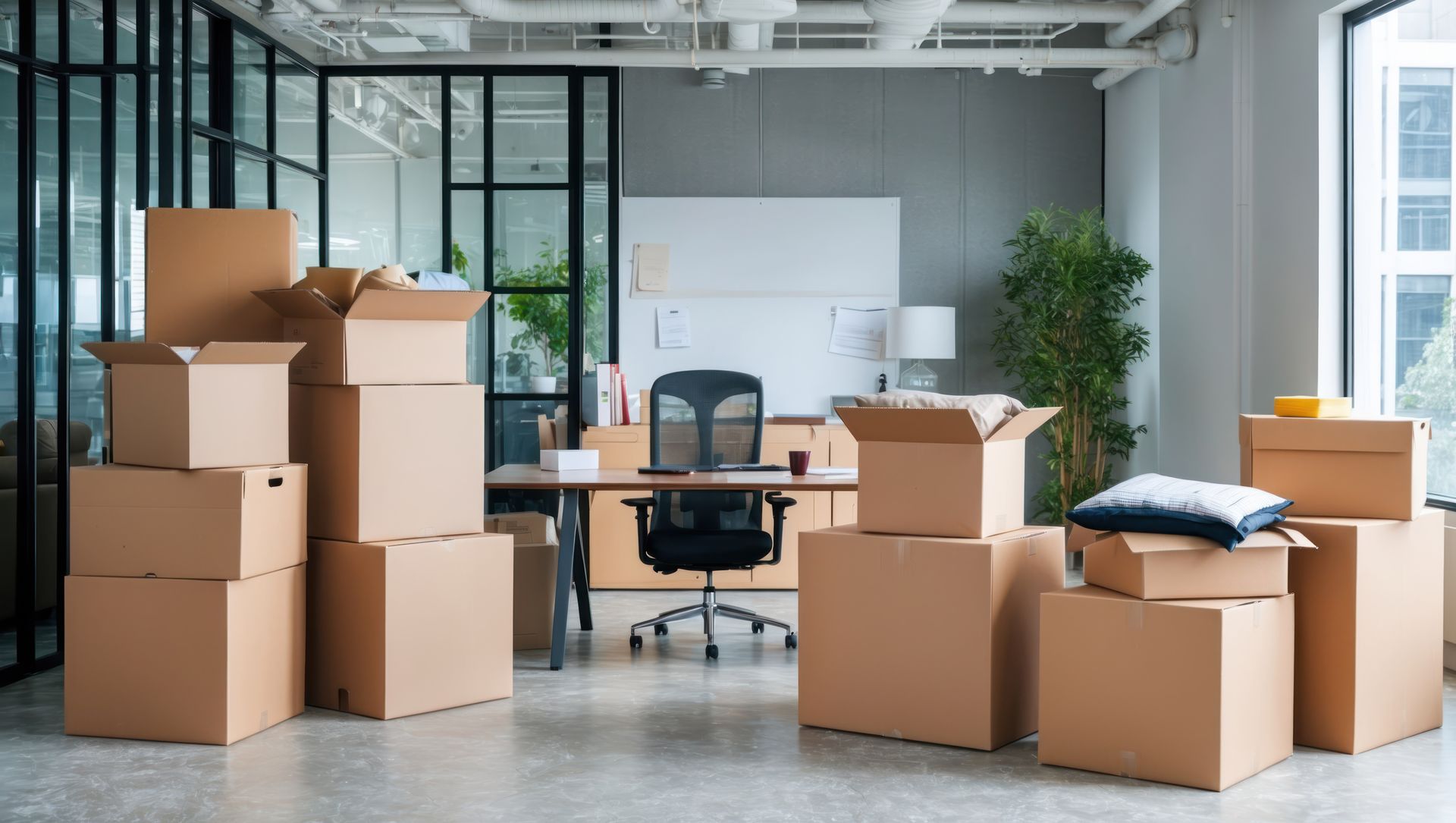 Office with moving boxes stacked around a desk and chair.