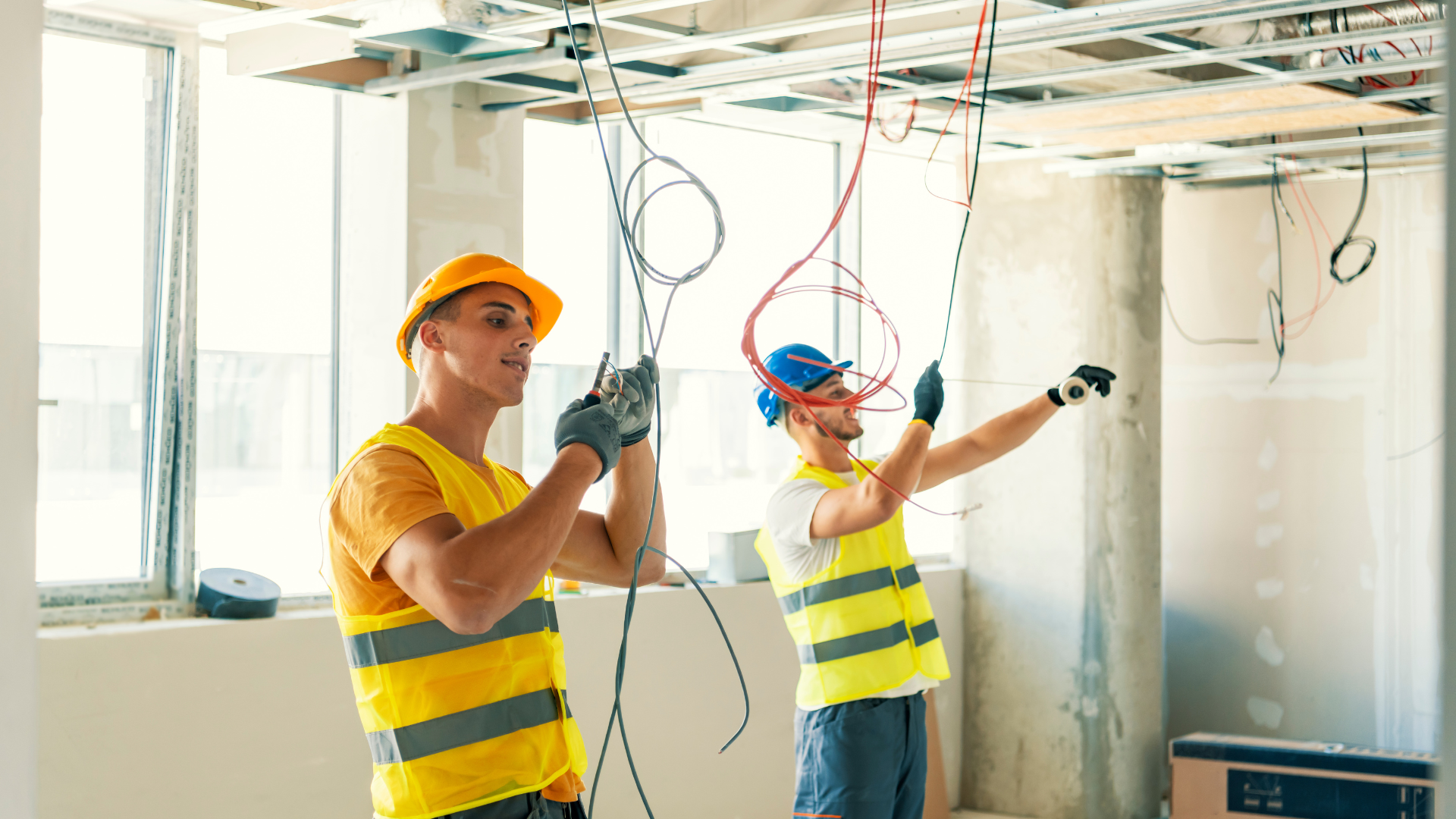 Two construction workers are working on the ceiling of a building.