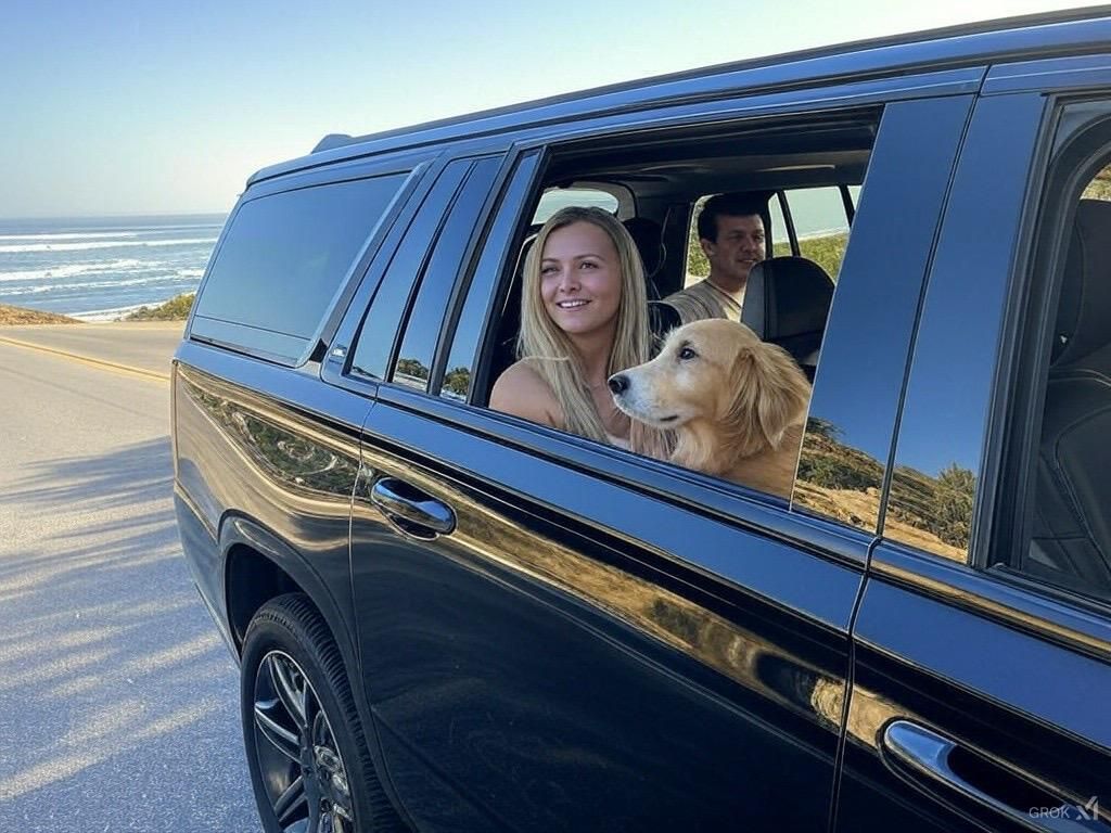 A woman and a dog are sitting in a car.