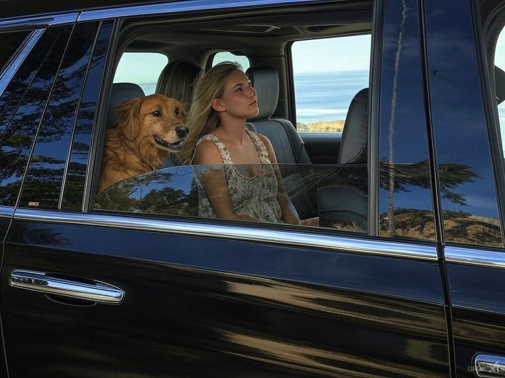 A woman and a dog are sitting in the back seat of a car.