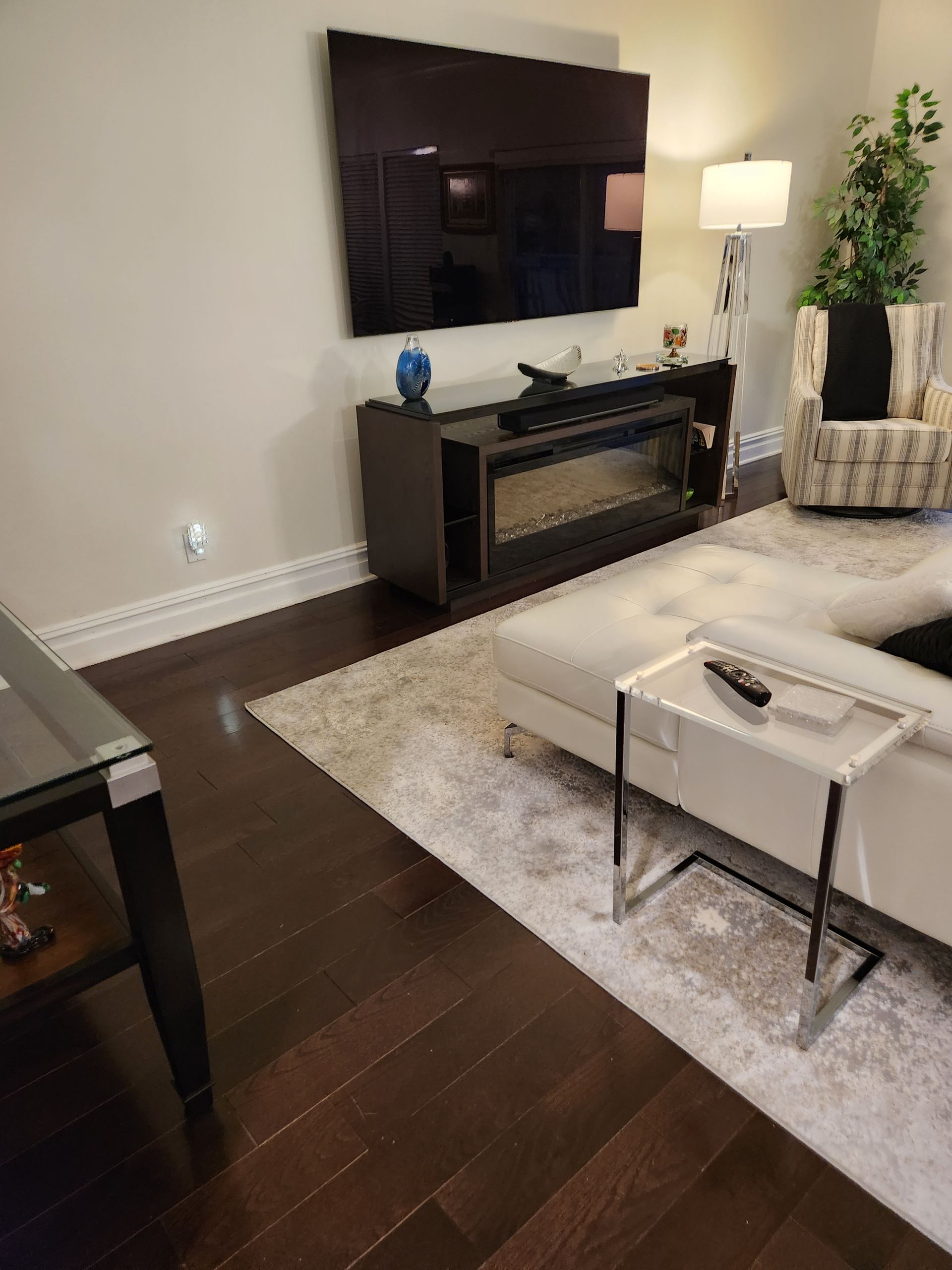 Living room with TV, fireplace, couch, rug, and dark wood floor.