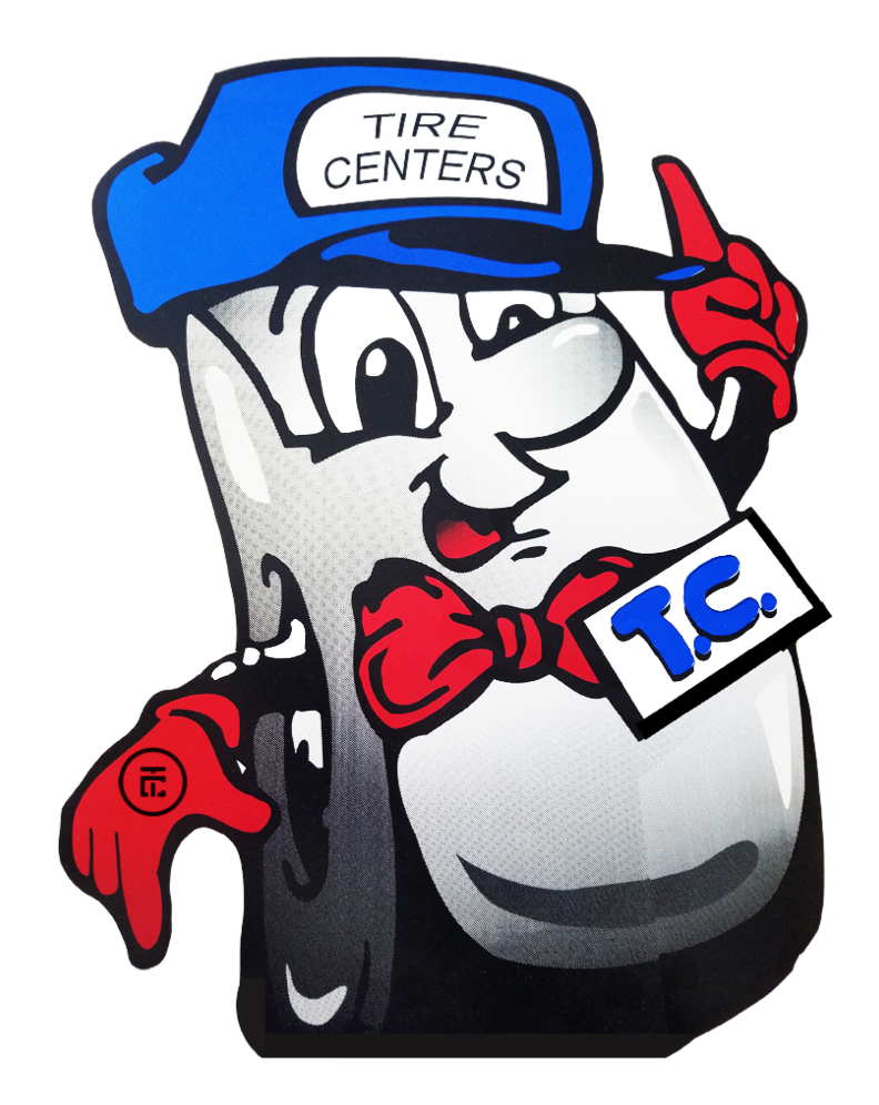 A tire centers mascot wearing a blue hat and bow tie