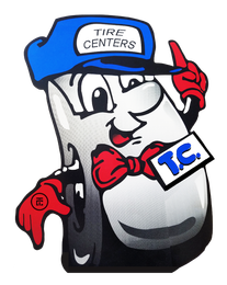 A tire centers mascot wearing a blue hat and bow tie