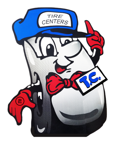 A tire centers mascot wearing a blue hat and bow tie