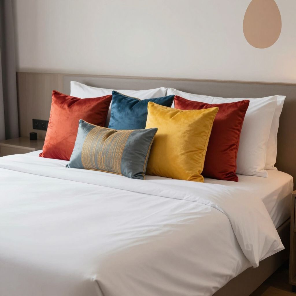 A hotel bed with crisp white linens and a decorative arrangement of velvet pillows in red, blue, yellow, and patterned gray.