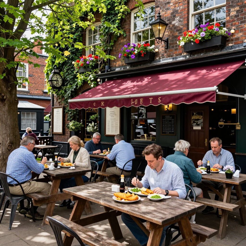 People eat lunch at wooden tables on the patio of a brick pub with a red awning and flower boxes under the windows.