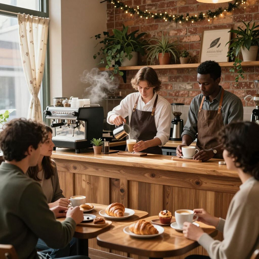 Two baristas prepare drinks behind a wooden counter in a cafe while customers sit at tables with coffee and pastries.