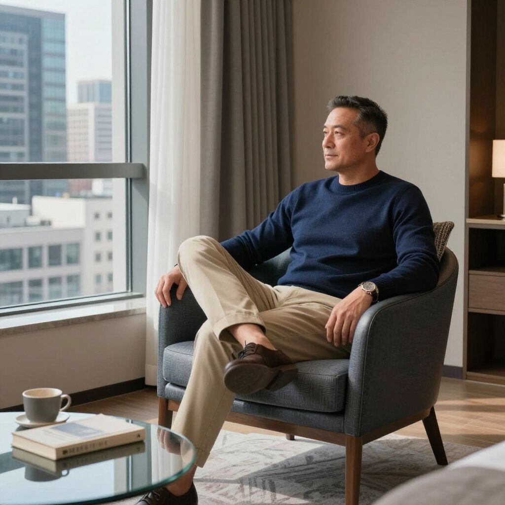 A person in a dark sweater and tan trousers sits in an armchair by a window overlooking a city, looking contemplative.