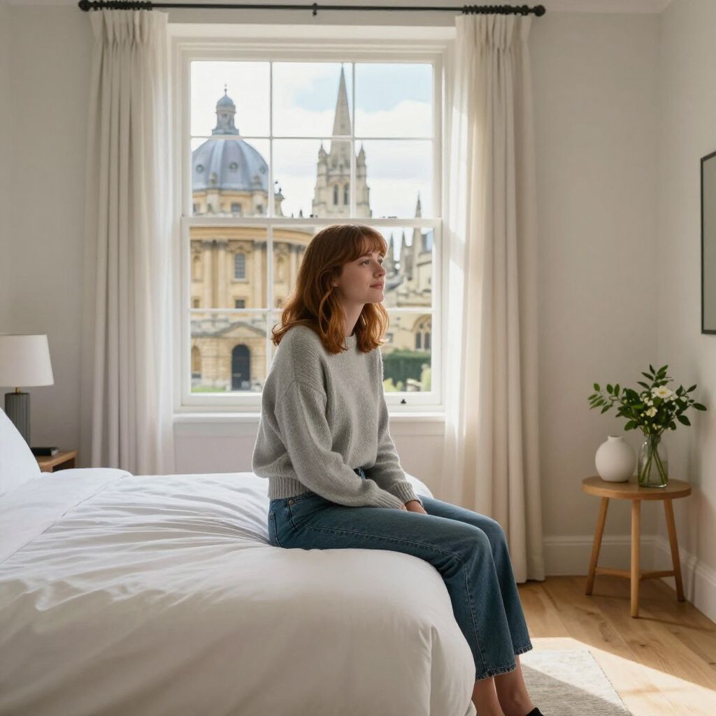 A person sitting on a bed in a bright bedroom, looking out a window at historic stone architecture.