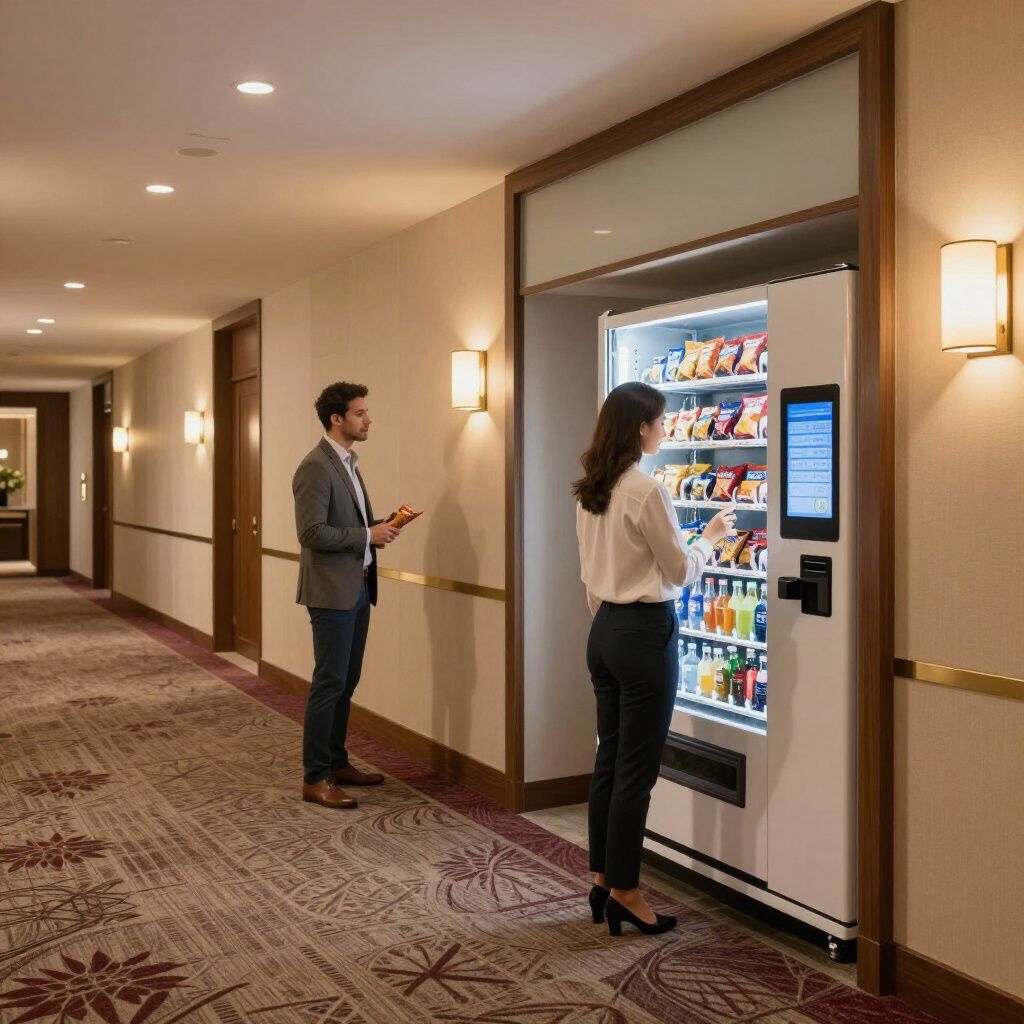 Two people stand in a hotel hallway; one selects items from a modern vending machine while the other waits nearby.