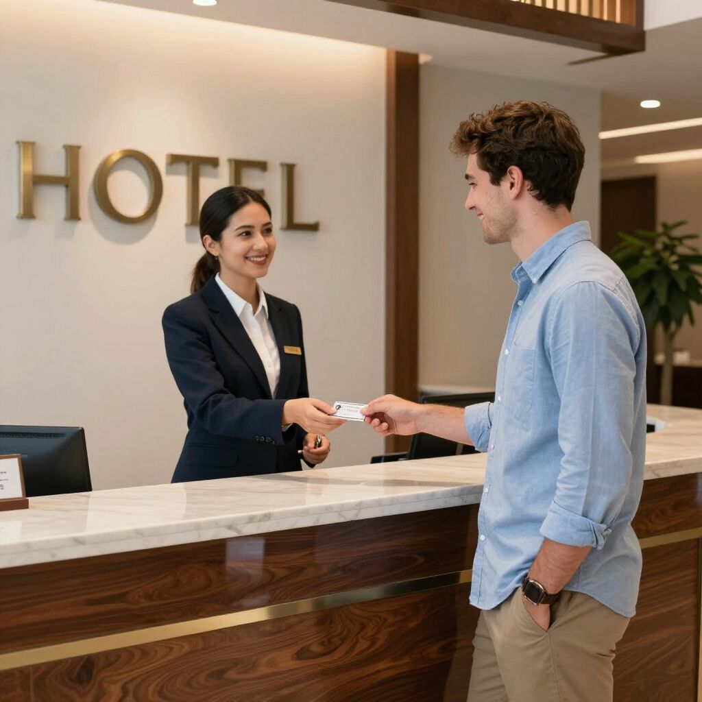 A hotel receptionist handing a key card to a guest at a marble front desk.