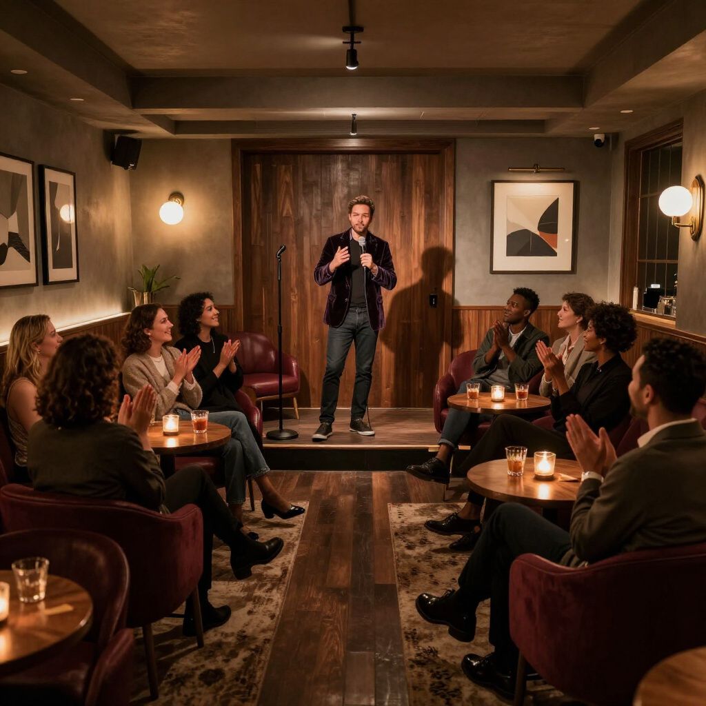 A speaker stands on a small stage in a dimly lit, wood-paneled room as an audience claps at tables with lit candles.