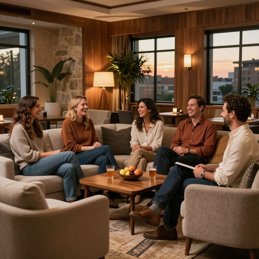 Five people sitting on sofas in a cozy, warm-lit lounge, talking and laughing around a coffee table with a bowl of fruit.