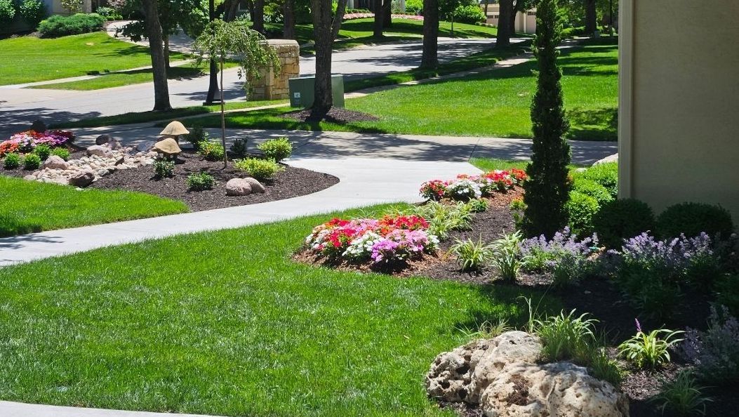 A lush green lawn with flowers and a walkway leading to a house.