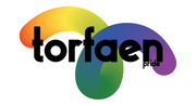 A logo for torfaen pride with a rainbow in the middle