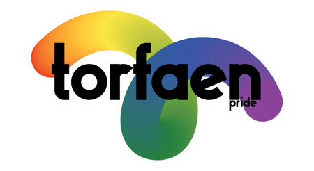 A logo for torfaen pride with a rainbow in the middle
