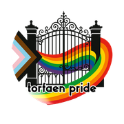 A logo for torfaen pride with a rainbow in the middle