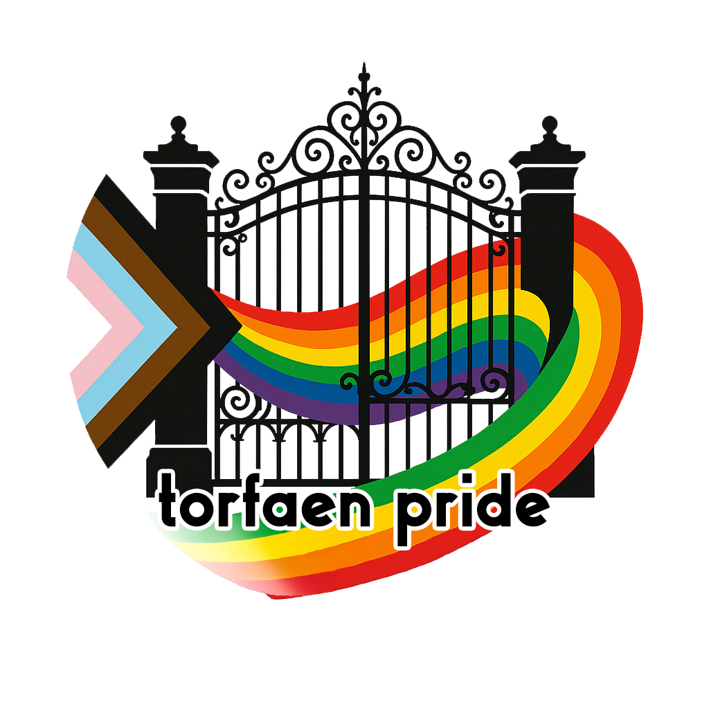 A logo for torfaen pride with a rainbow in the middle
