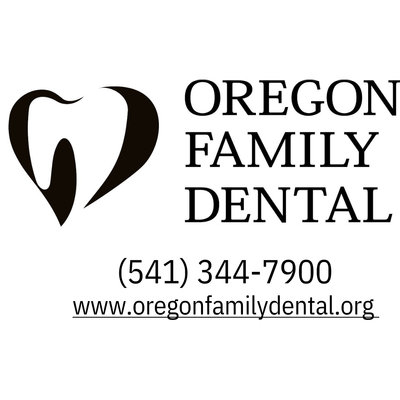 Logo for Oregon Family Dental: a tooth inside a heart, text and contact info.