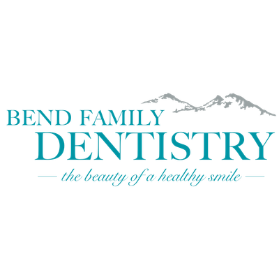 Logo for Bend Family Dentistry: Text and mountain range illustration. Teal lettering, white background.