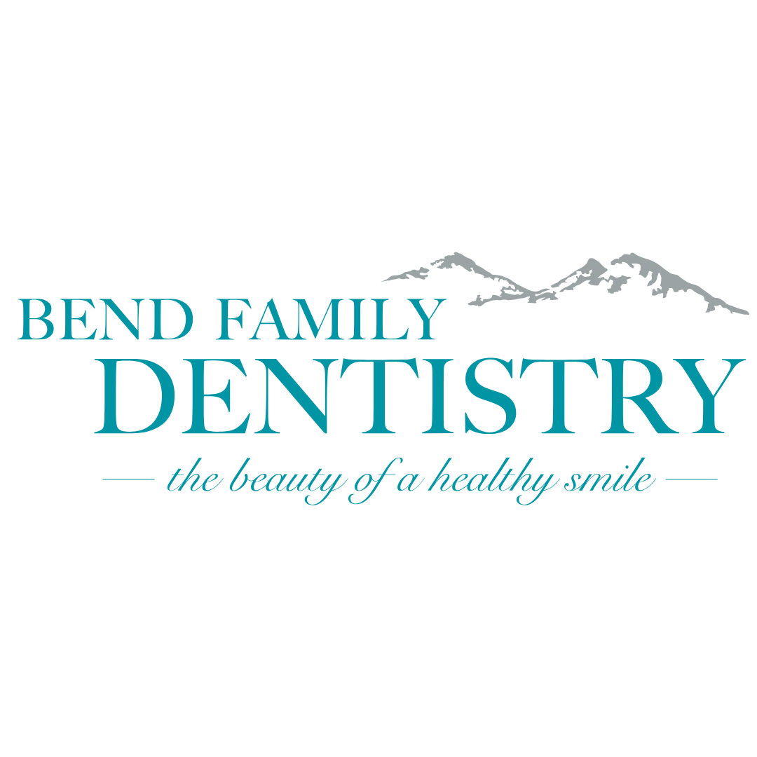 Logo for Bend Family Dentistry: Text and mountain range illustration. Teal lettering, white background.