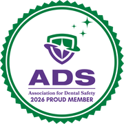 ADS logo: Shield, stars, green, purple, white. Association for Dental Safety 2026 proud member seal.