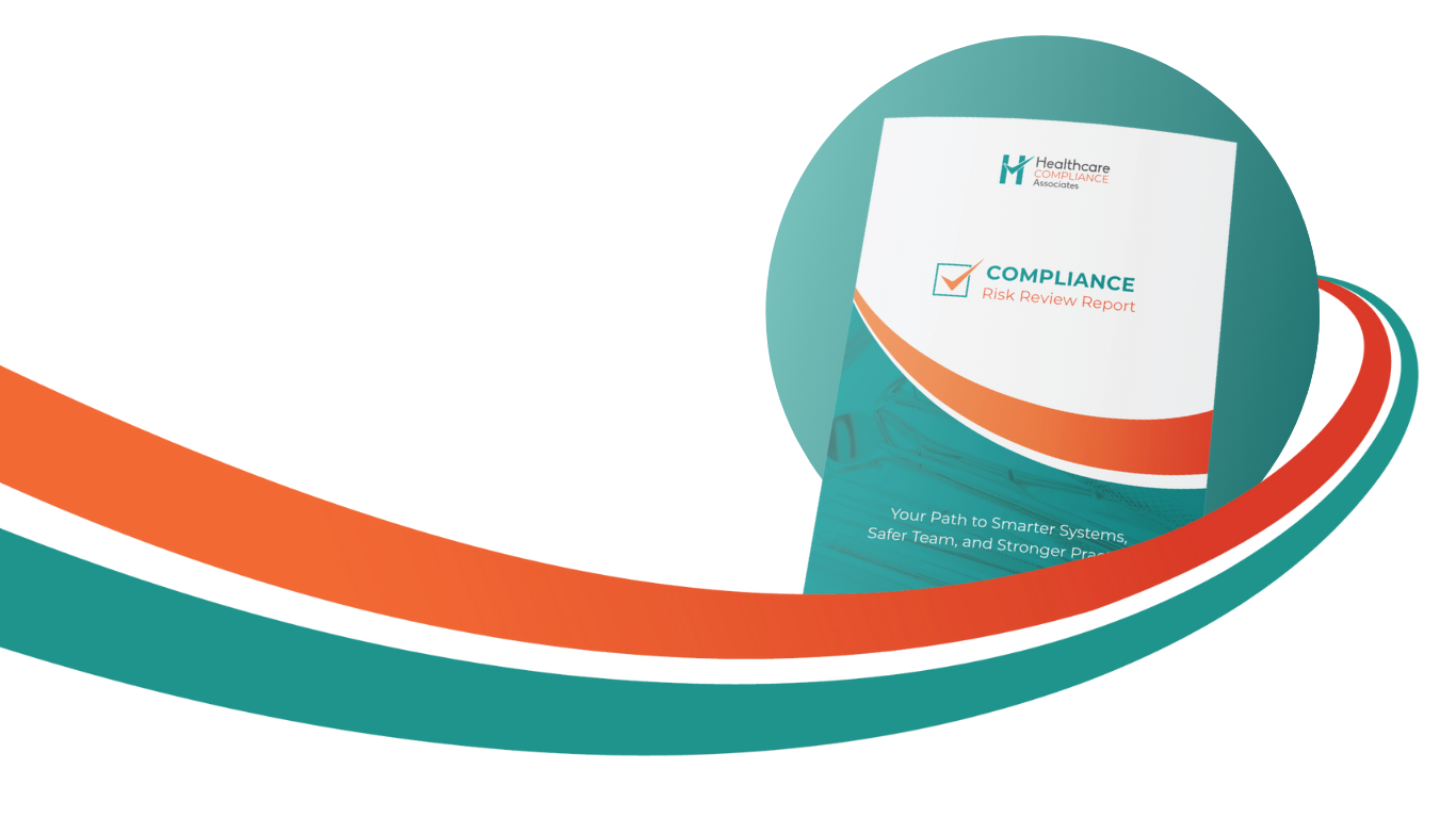 Brochure: Compliance for Healthcare, teal and orange wave design.