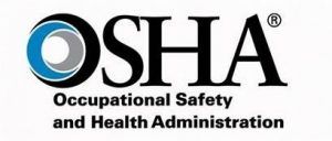 OSHA logo: Black text and graphic with blue and gray circles on white background.