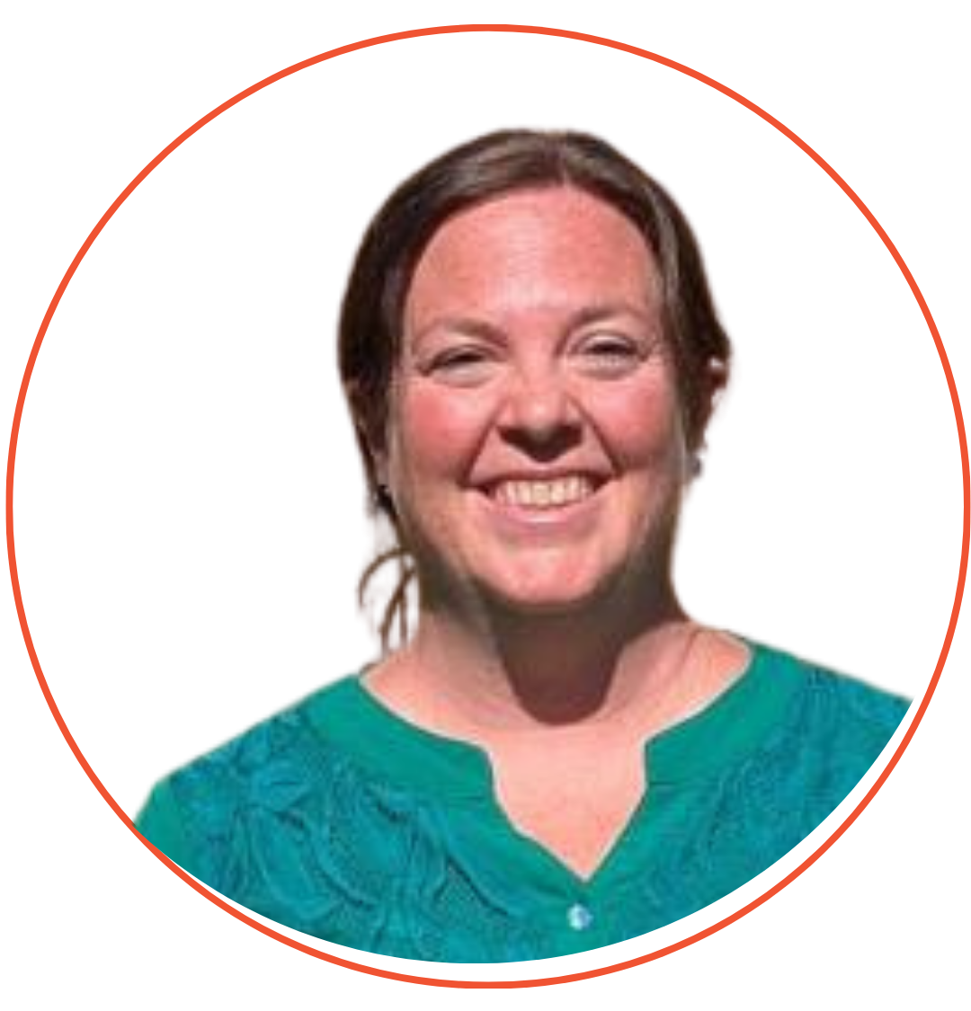 Smiling older woman with short white hair, blue shirt, and black jacket in a teal circle.