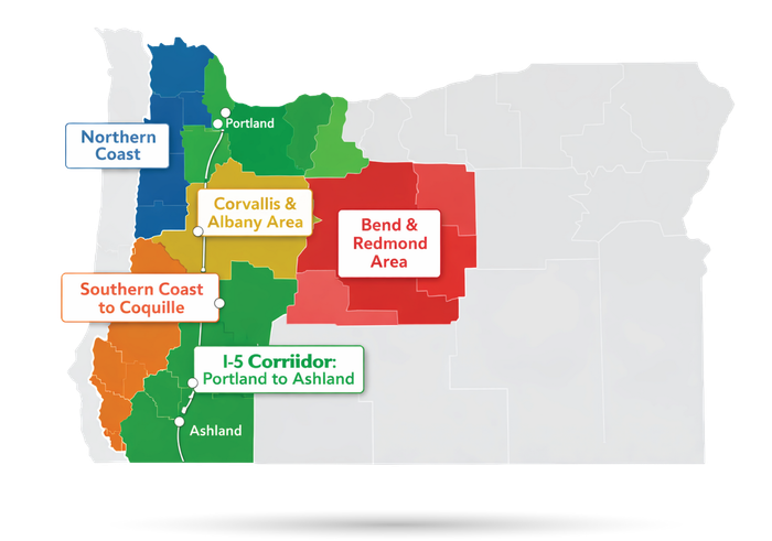 Map of Oregon highlighting regions: Northern Coast, Southern Coast, I-5 Corridor, Corvallis & Albany, and Bend & Redmond.