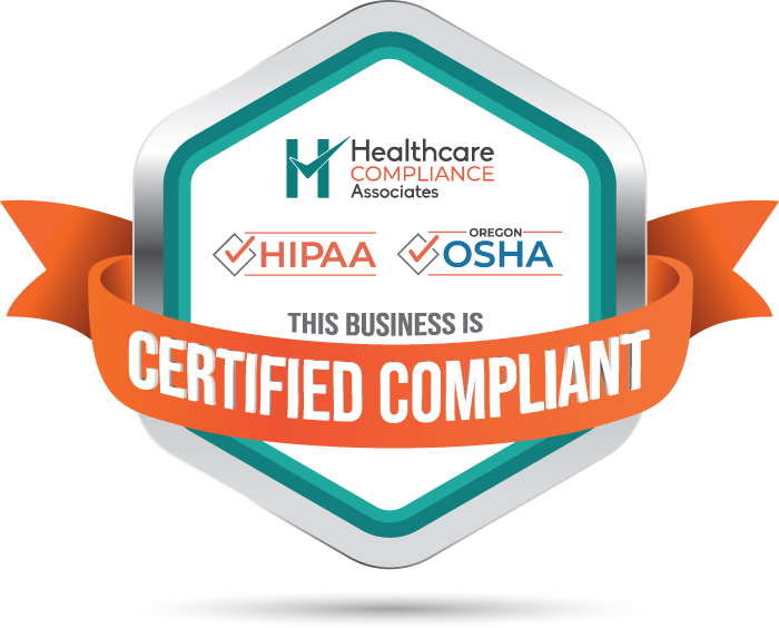 Badge certifying healthcare business compliance with OSHA and HIPAA standards.