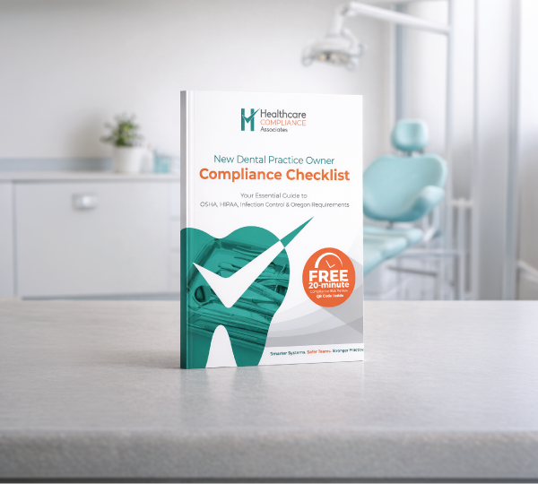 A compliance checklist for new dental practice owners on a table in a dental office.