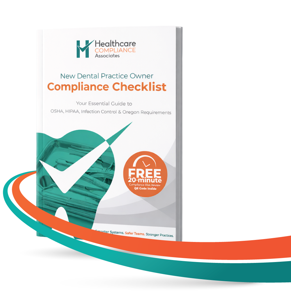 Brochure on compliance with teal and orange graphic elements.
