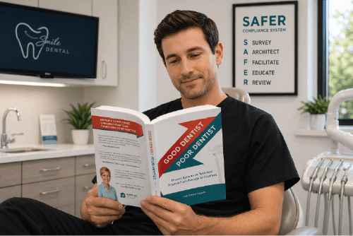Dentist reading Good Dentist Poor Dentist book.