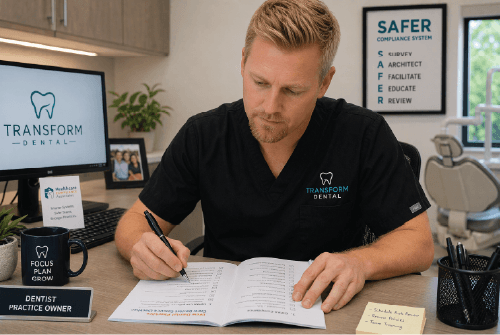 Dentist filling out the New Dental Practice Compliance Checklist.