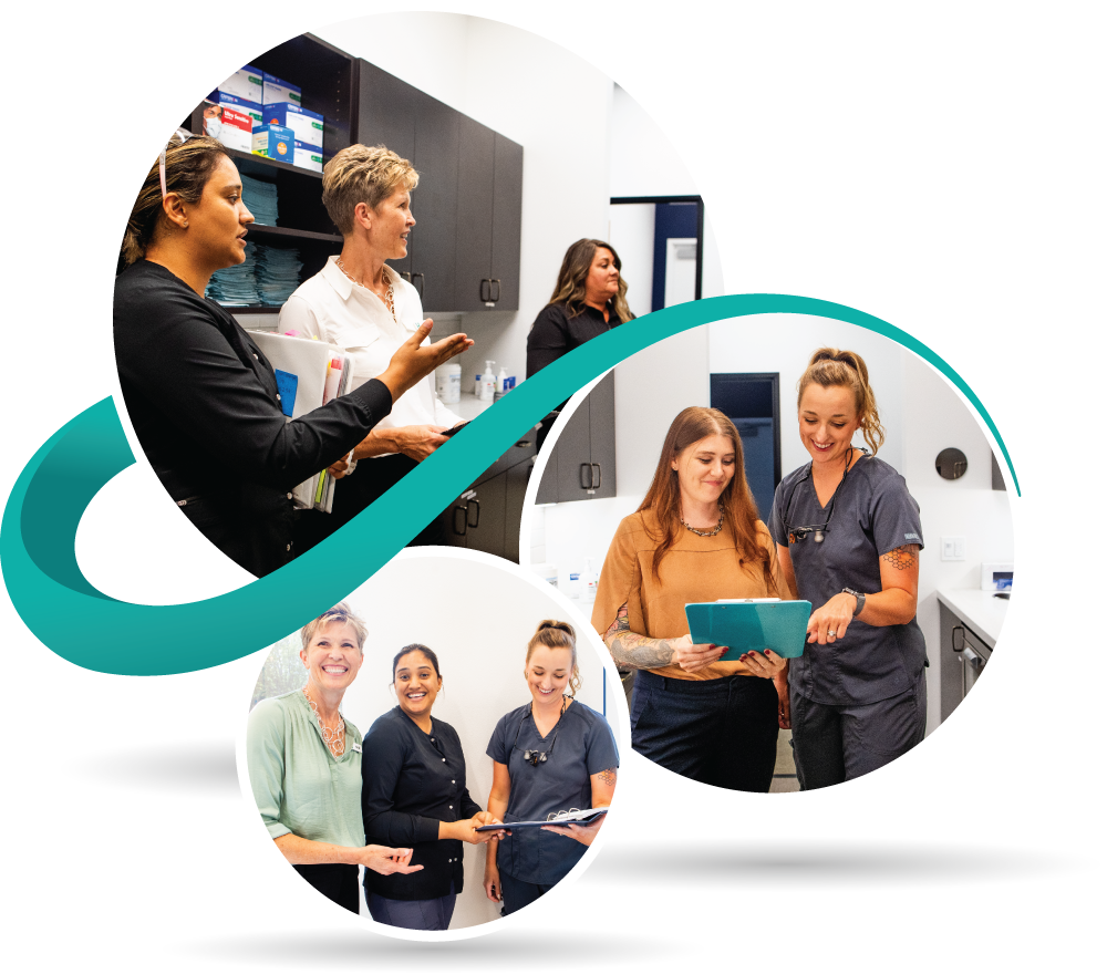 Three circular images of medical staff in various settings, discussing paperwork and supplies.