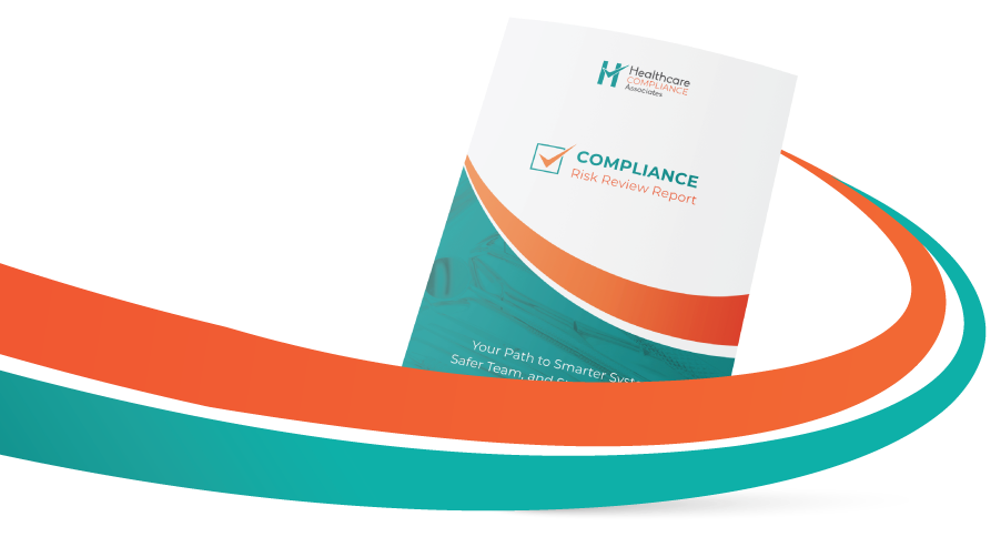 Brochure on compliance with teal and orange graphic elements.
