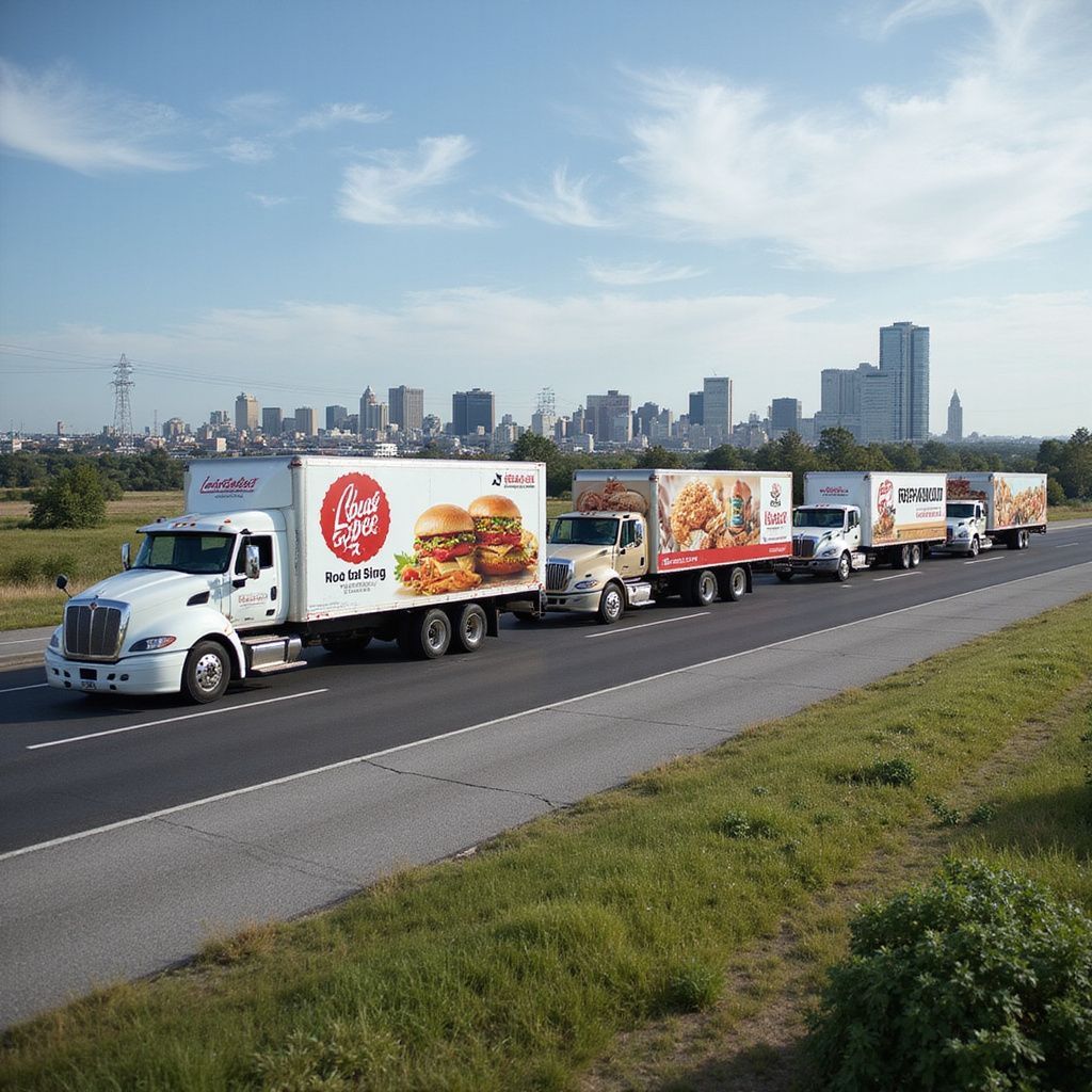 Trucks with food advertisement on a highway, with a city skyline in the distance.