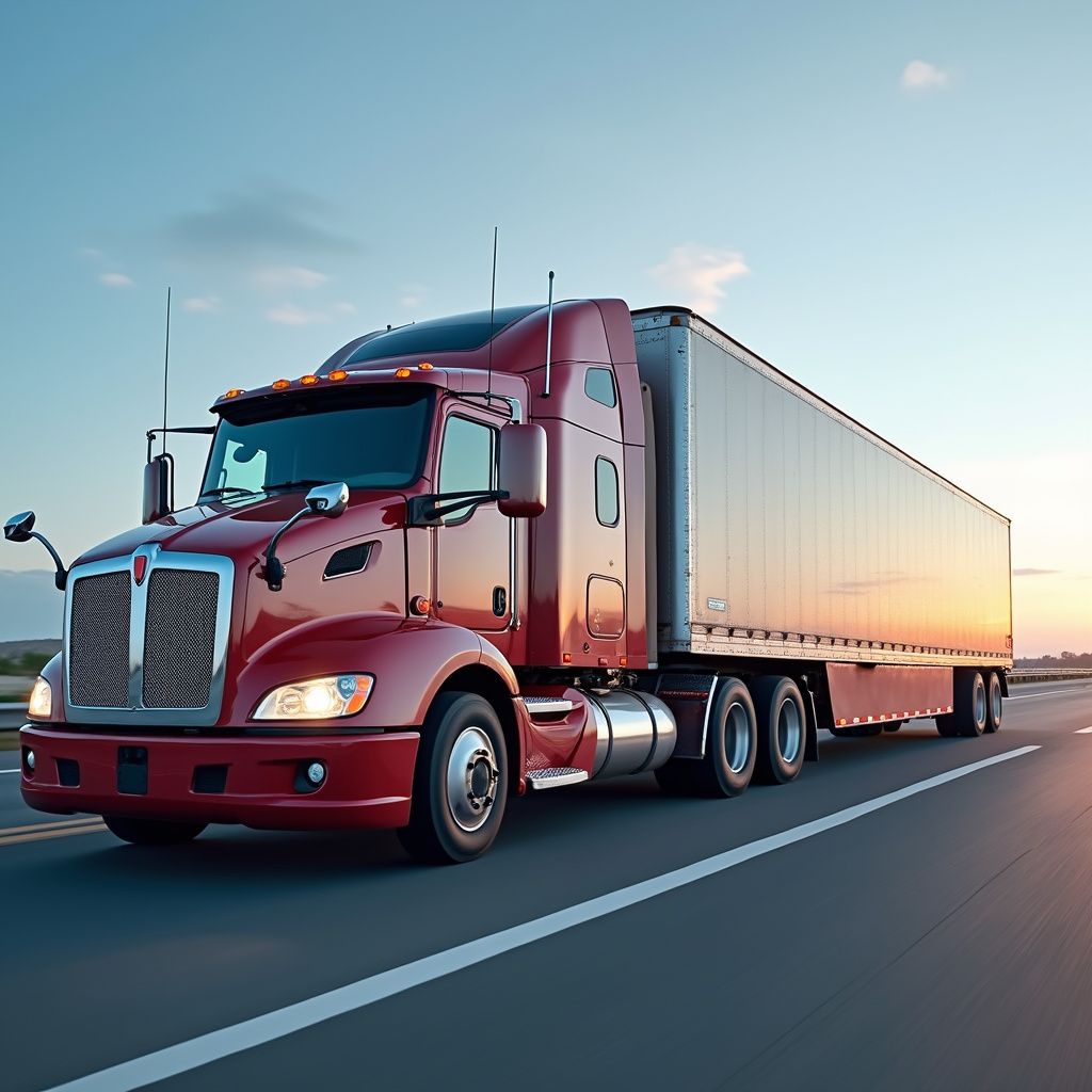 Red semi-truck driving on a highway at sunset.
