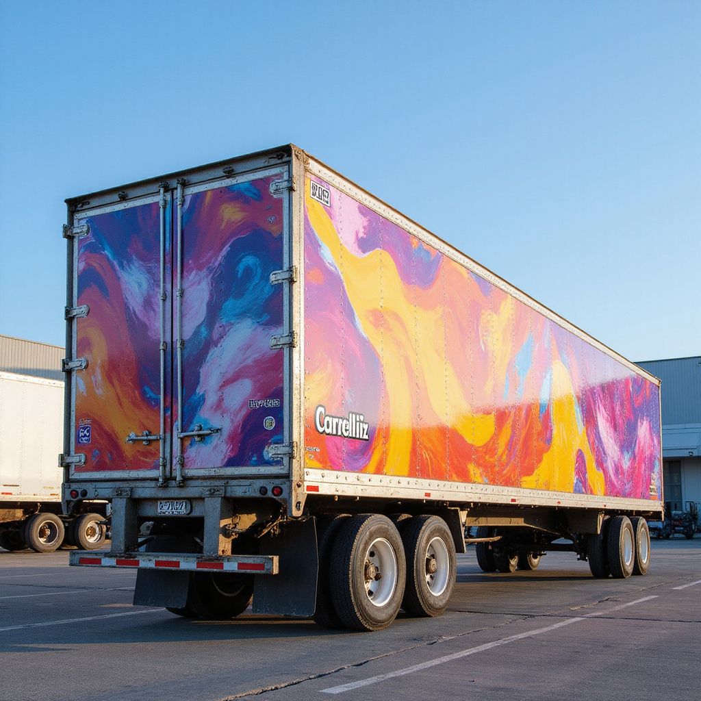 Colorful, abstract artwork on a semi-trailer in a parking lot.