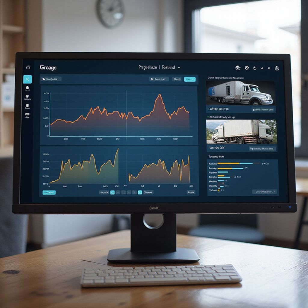 Computer monitor displaying data graphs and truck images, on a desk with a keyboard.