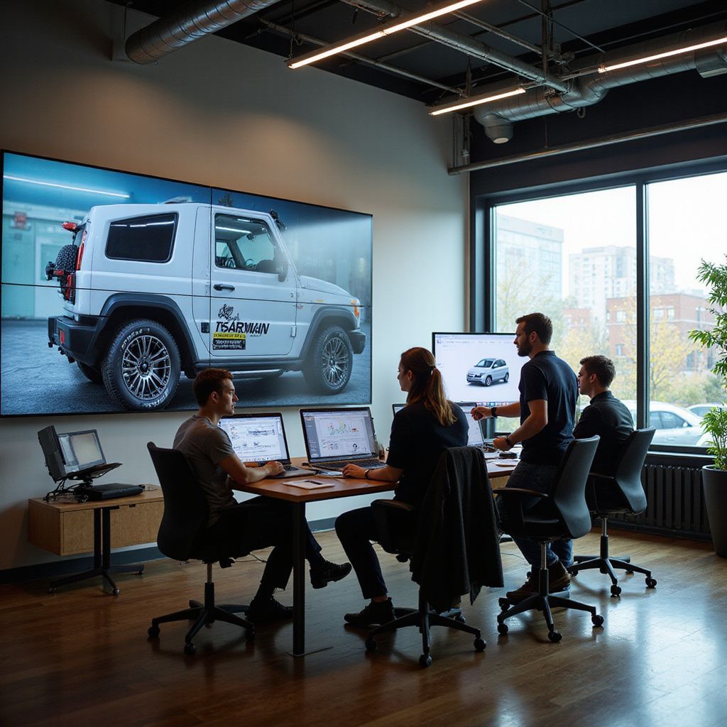 Team of designers reviewing a vehicle design, with a large screen displaying the car.