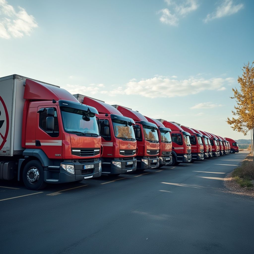 Row of red semi-trucks parked on asphalt under a blue sky, some with logo on trailer.