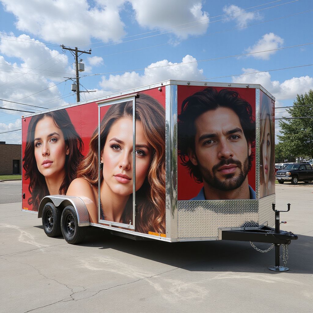 Trailer with images of three people on the side, set on pavement outdoors.