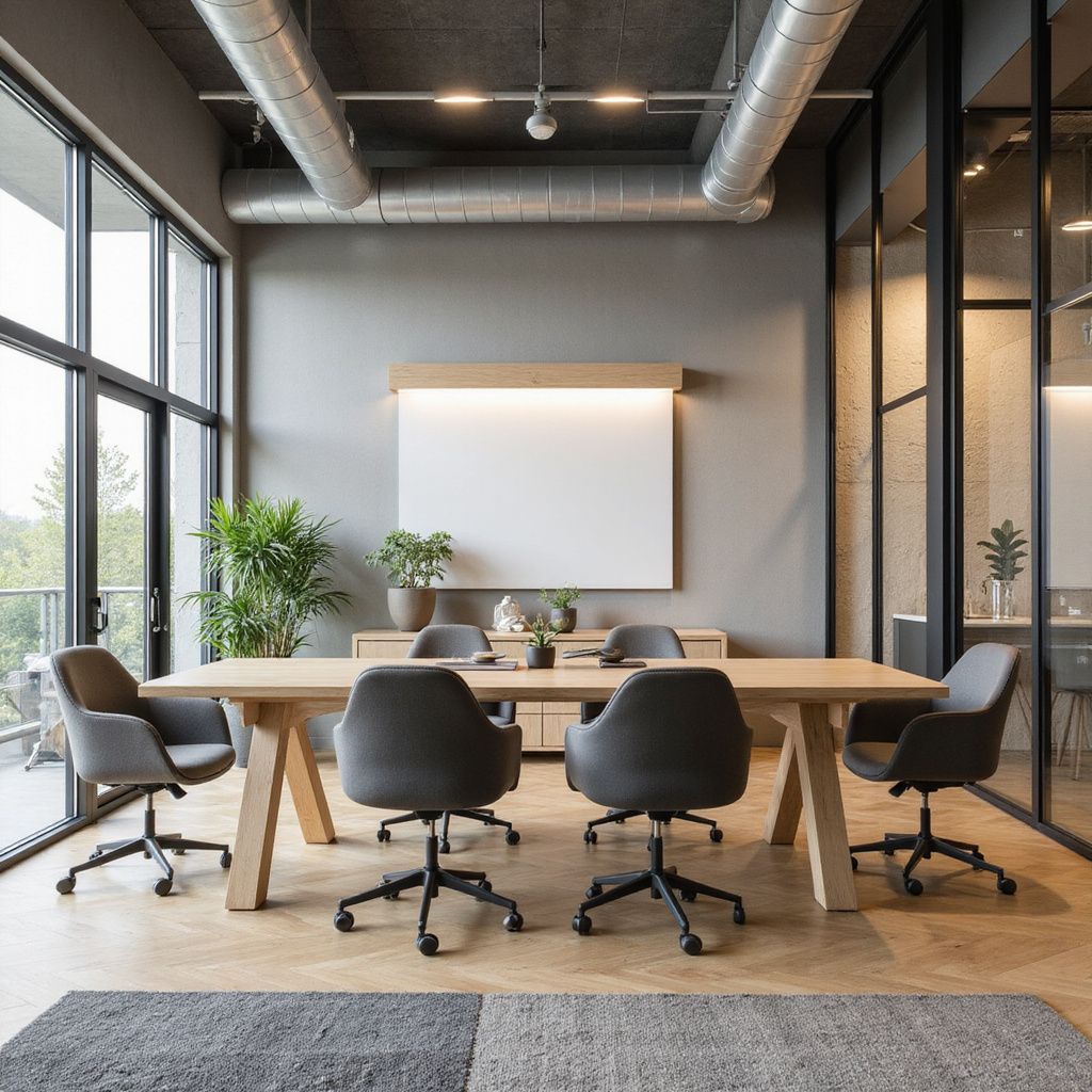 Modern office meeting room with wooden table, gray chairs, whiteboard, and large windows.
