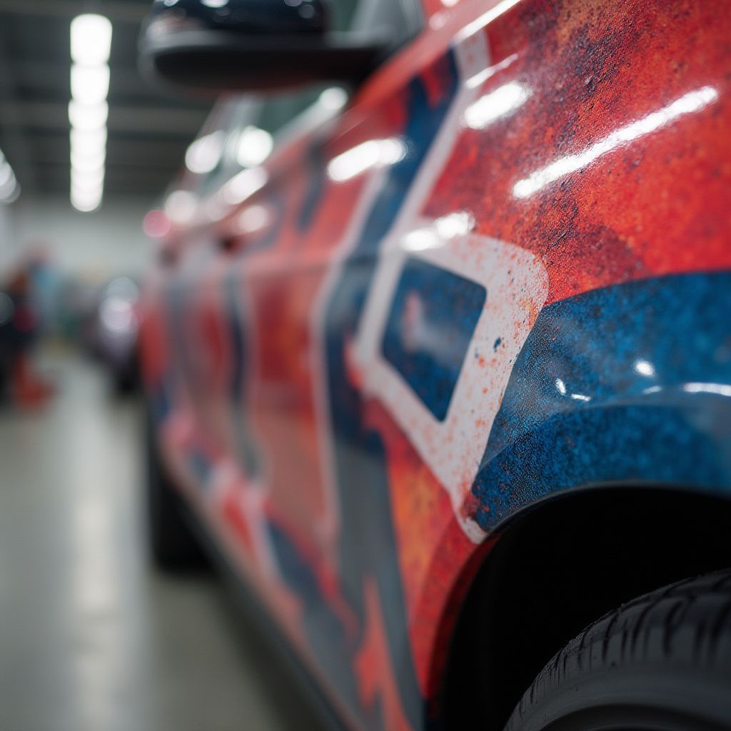 Car with red, white, and blue paint job, possibly a Union Jack design, parked in a well-lit garage.