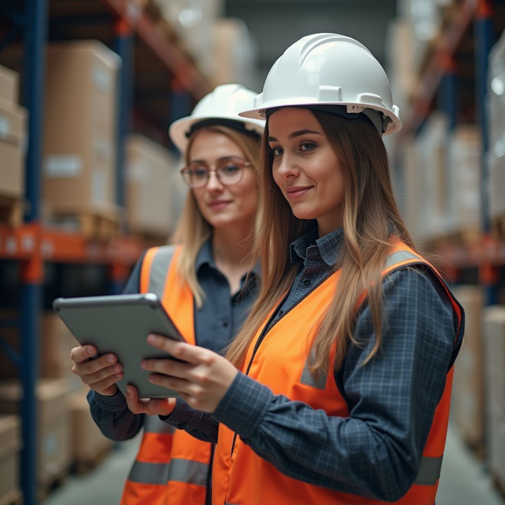 Two women in a warehouse wearing hard hats and safety vests, one holding a tablet, smiling.