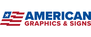 Logo for American Graphics & Signs with a stylized American flag icon next to the company name in blue and red text.